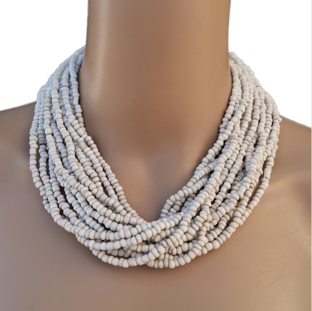 Vintage Cream White Multi-Strand Seed Bead Statement Necklace Boho